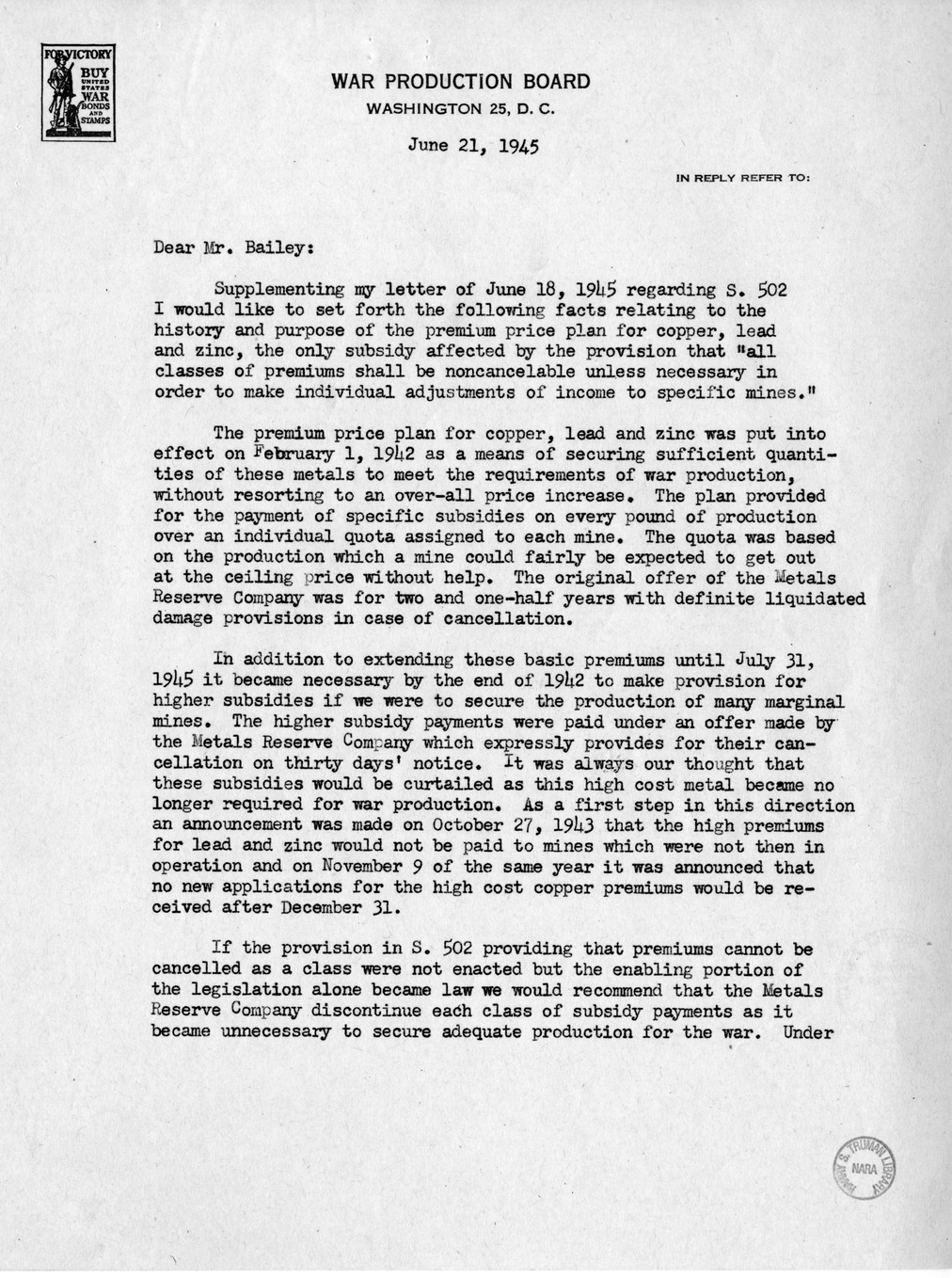 Memorandum from Harold D. Smith to M. C. Latta, S. 502, To Permit the Continuation of Certain Subsidy Payments and Certain Purchase and Sale Operations by Corporations Created Pursuant to Section 5d (3) of the Reconstruction Finance Corporation Act, with 