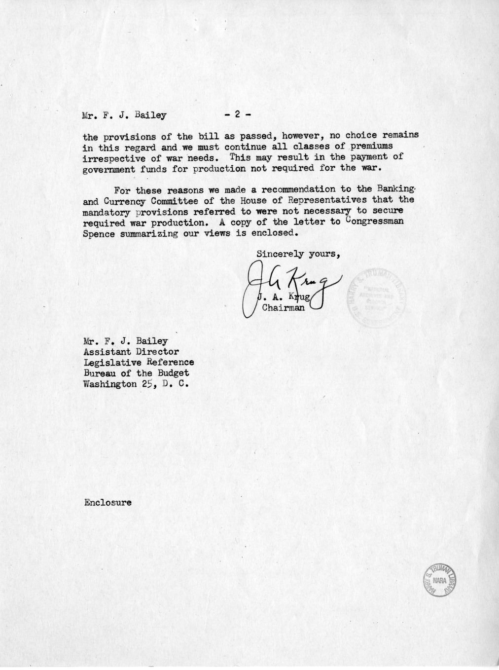 Memorandum from Harold D. Smith to M. C. Latta, S. 502, To Permit the Continuation of Certain Subsidy Payments and Certain Purchase and Sale Operations by Corporations Created Pursuant to Section 5d (3) of the Reconstruction Finance Corporation Act, with 