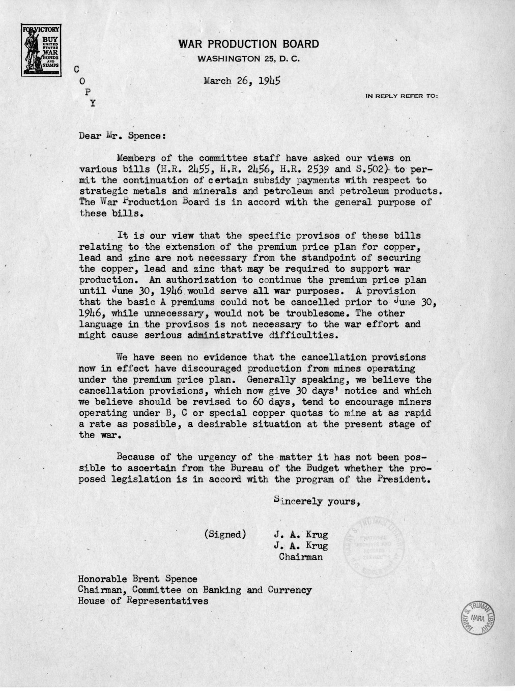 Memorandum from Harold D. Smith to M. C. Latta, S. 502, To Permit the Continuation of Certain Subsidy Payments and Certain Purchase and Sale Operations by Corporations Created Pursuant to Section 5d (3) of the Reconstruction Finance Corporation Act, with 