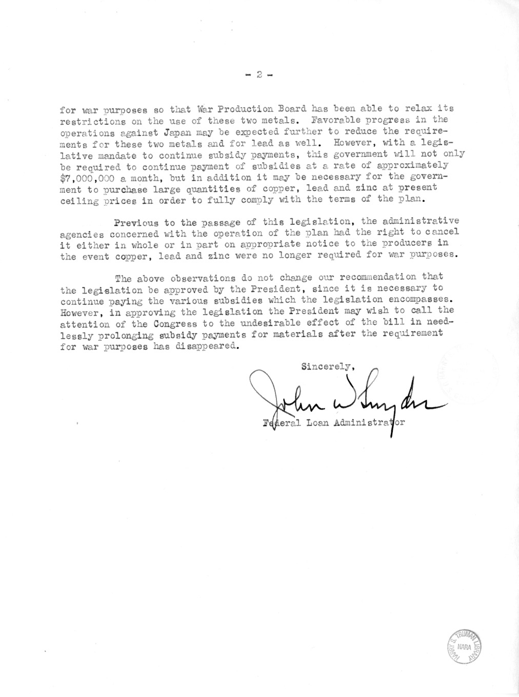 Memorandum from Harold D. Smith to M. C. Latta, S. 502, To Permit the Continuation of Certain Subsidy Payments and Certain Purchase and Sale Operations by Corporations Created Pursuant to Section 5d (3) of the Reconstruction Finance Corporation Act, with 