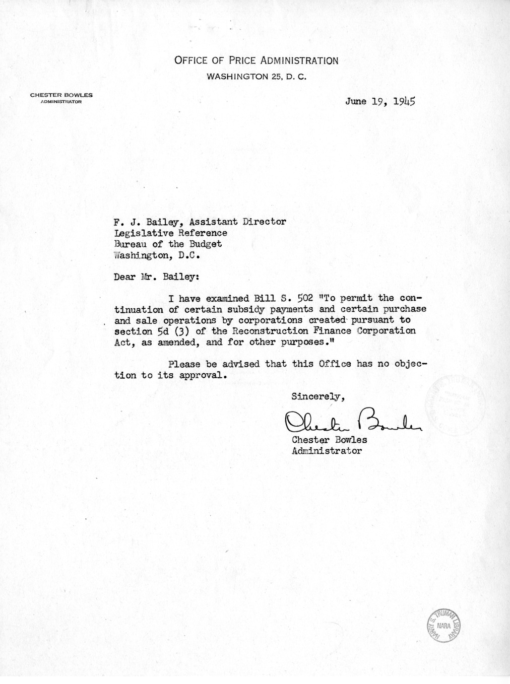 Memorandum from Harold D. Smith to M. C. Latta, S. 502, To Permit the Continuation of Certain Subsidy Payments and Certain Purchase and Sale Operations by Corporations Created Pursuant to Section 5d (3) of the Reconstruction Finance Corporation Act, with 