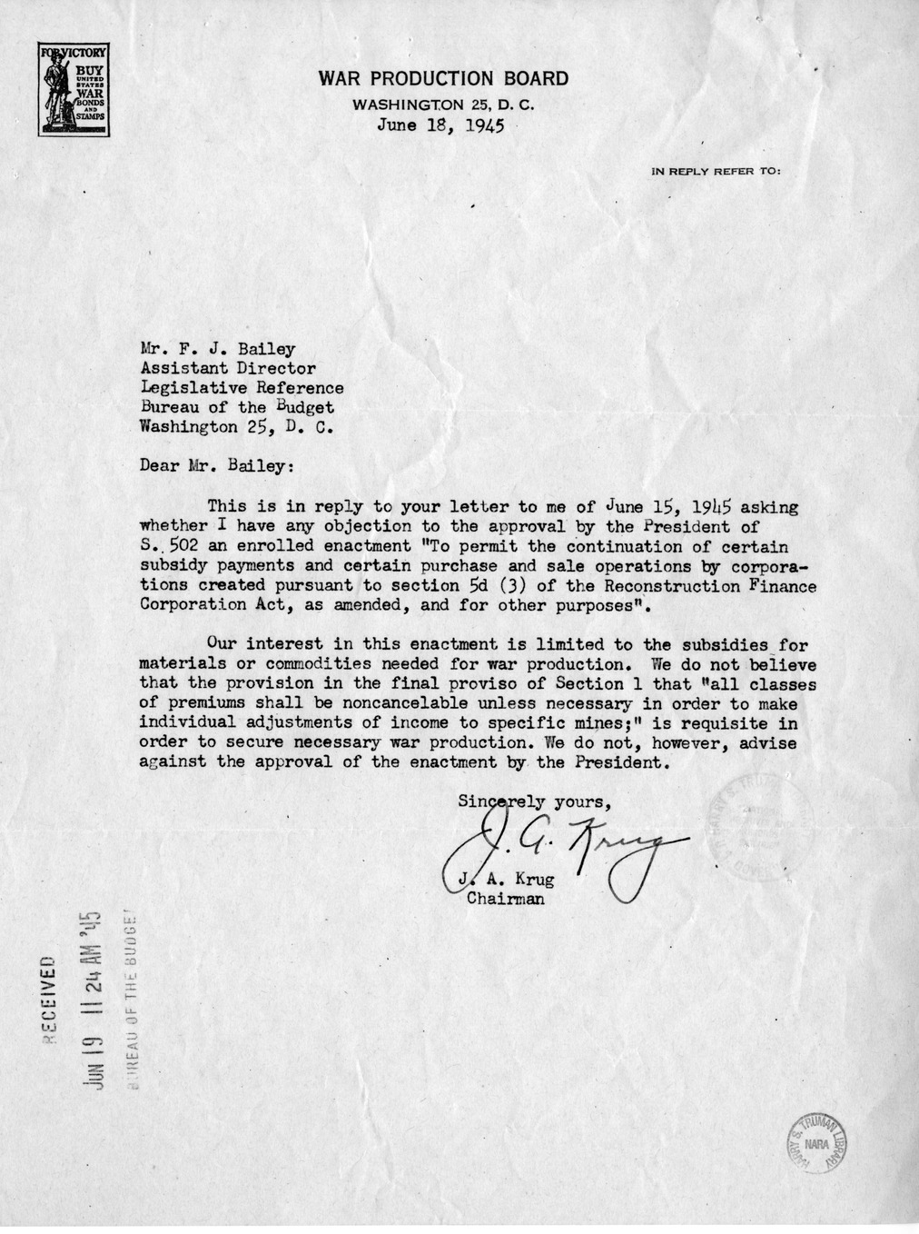 Memorandum from Harold D. Smith to M. C. Latta, S. 502, To Permit the Continuation of Certain Subsidy Payments and Certain Purchase and Sale Operations by Corporations Created Pursuant to Section 5d (3) of the Reconstruction Finance Corporation Act, with 