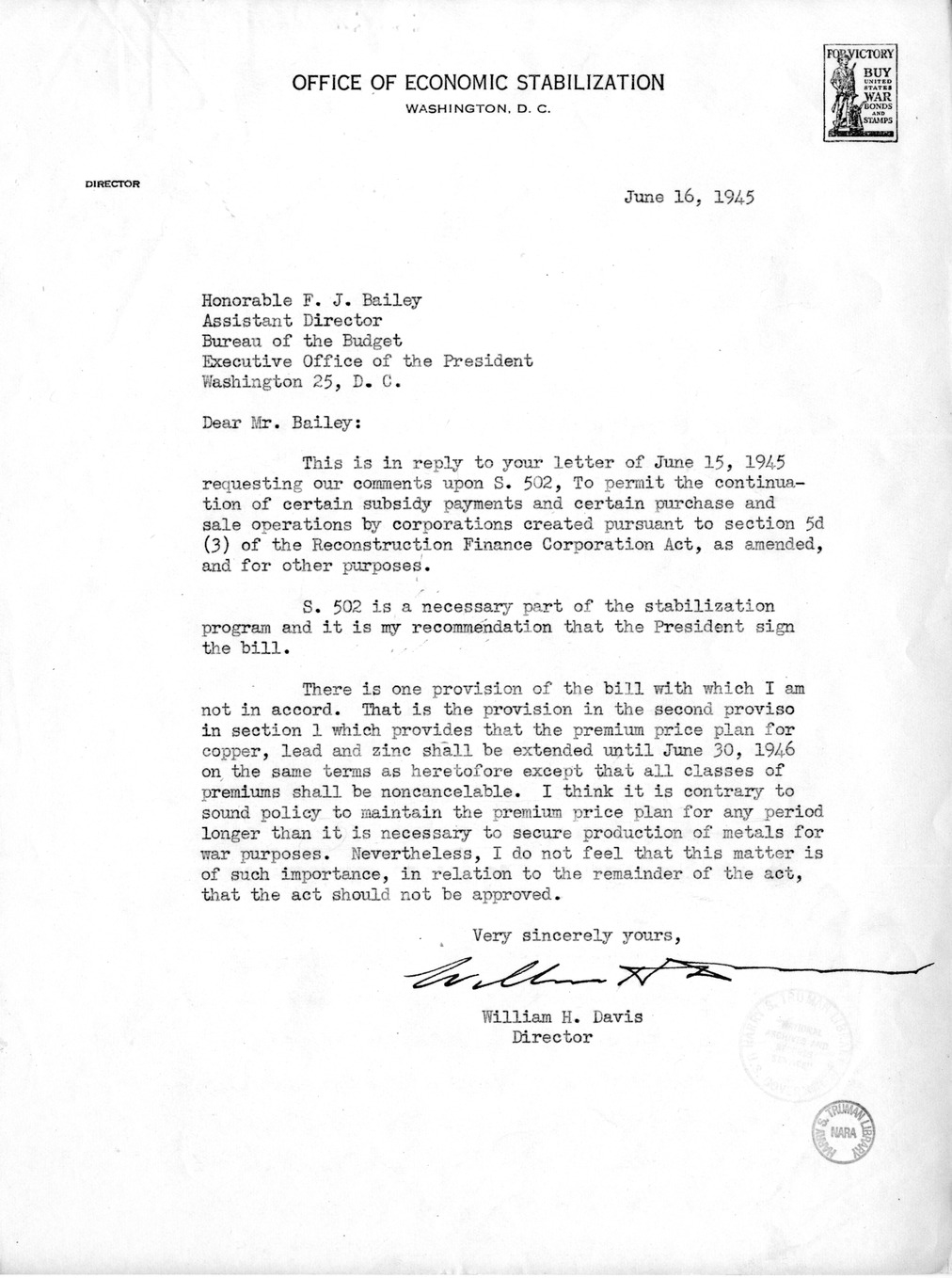 Memorandum from Harold D. Smith to M. C. Latta, S. 502, To Permit the Continuation of Certain Subsidy Payments and Certain Purchase and Sale Operations by Corporations Created Pursuant to Section 5d (3) of the Reconstruction Finance Corporation Act, with 