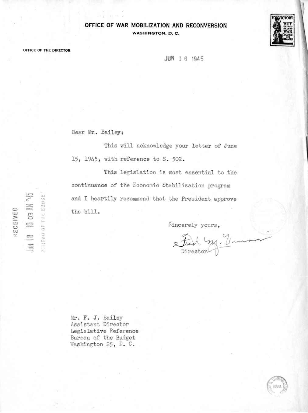 Memorandum from Harold D. Smith to M. C. Latta, S. 502, To Permit the Continuation of Certain Subsidy Payments and Certain Purchase and Sale Operations by Corporations Created Pursuant to Section 5d (3) of the Reconstruction Finance Corporation Act, with 