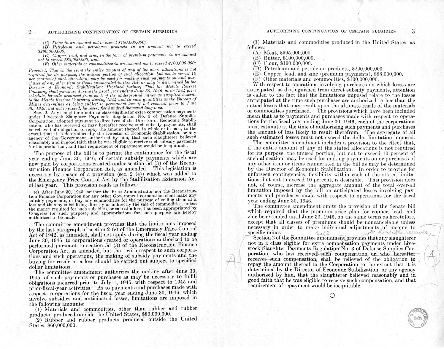 Memorandum from Harold D. Smith to M. C. Latta, S. 502, To Permit the Continuation of Certain Subsidy Payments and Certain Purchase and Sale Operations by Corporations Created Pursuant to Section 5d (3) of the Reconstruction Finance Corporation Act, with 