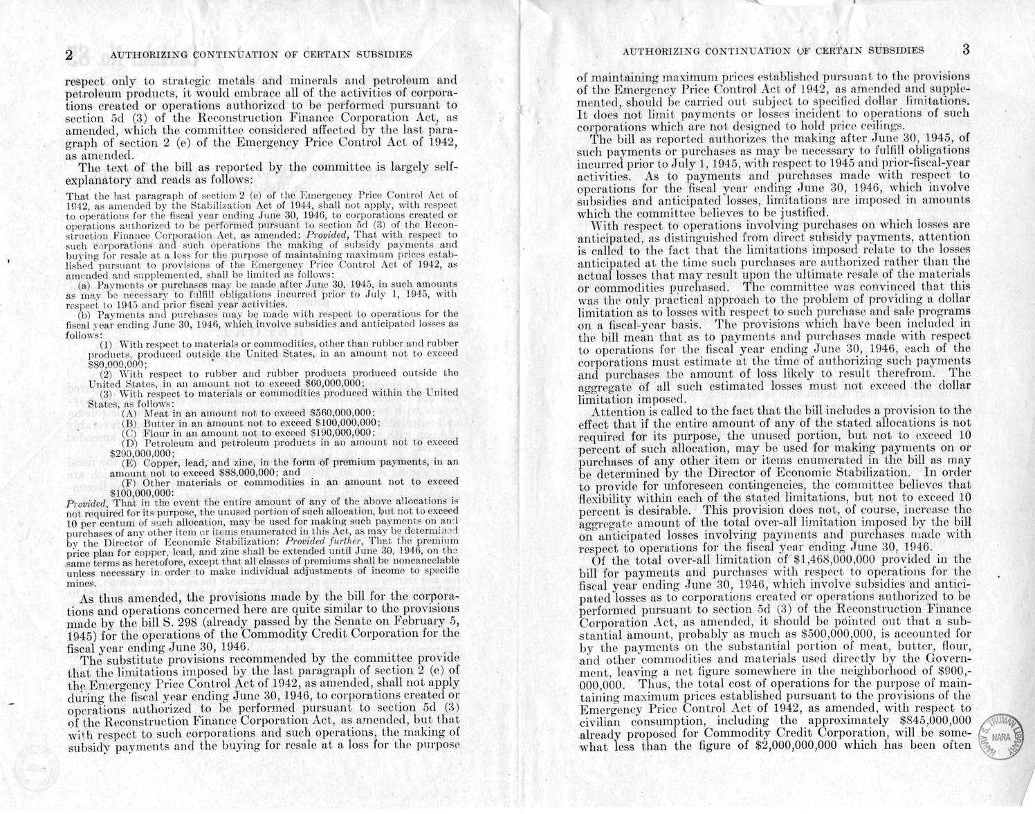 Memorandum from Harold D. Smith to M. C. Latta, S. 502, To Permit the Continuation of Certain Subsidy Payments and Certain Purchase and Sale Operations by Corporations Created Pursuant to Section 5d (3) of the Reconstruction Finance Corporation Act, with 