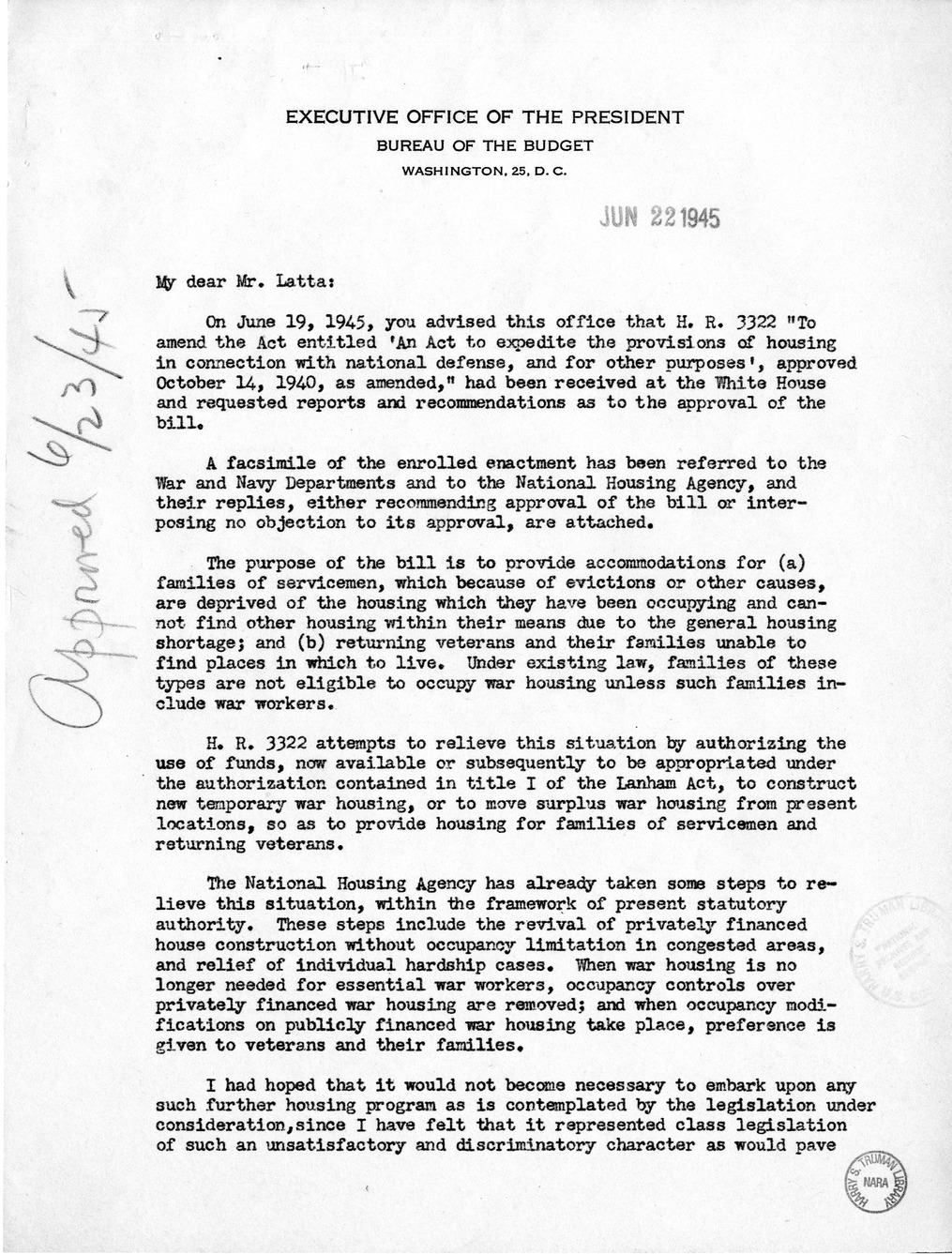 Memorandum from Harold D. Smith to M. C. Latta, H.R. 3322, To Amend An Act to Expedite the Provisions of Housing in Connection With National Defense, Approved October 14, 1940, as Amended, with Attachments