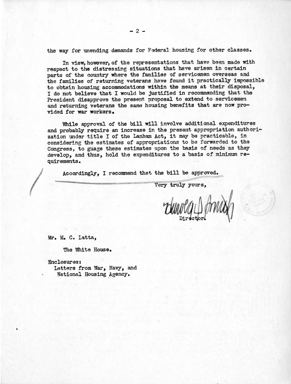 Memorandum from Harold D. Smith to M. C. Latta, H.R. 3322, To Amend An Act to Expedite the Provisions of Housing in Connection With National Defense, Approved October 14, 1940, as Amended, with Attachments