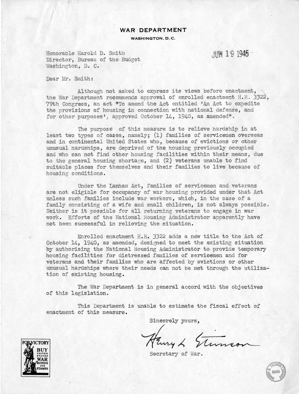 Memorandum from Harold D. Smith to M. C. Latta, H.R. 3322, To Amend An Act to Expedite the Provisions of Housing in Connection With National Defense, Approved October 14, 1940, as Amended, with Attachments