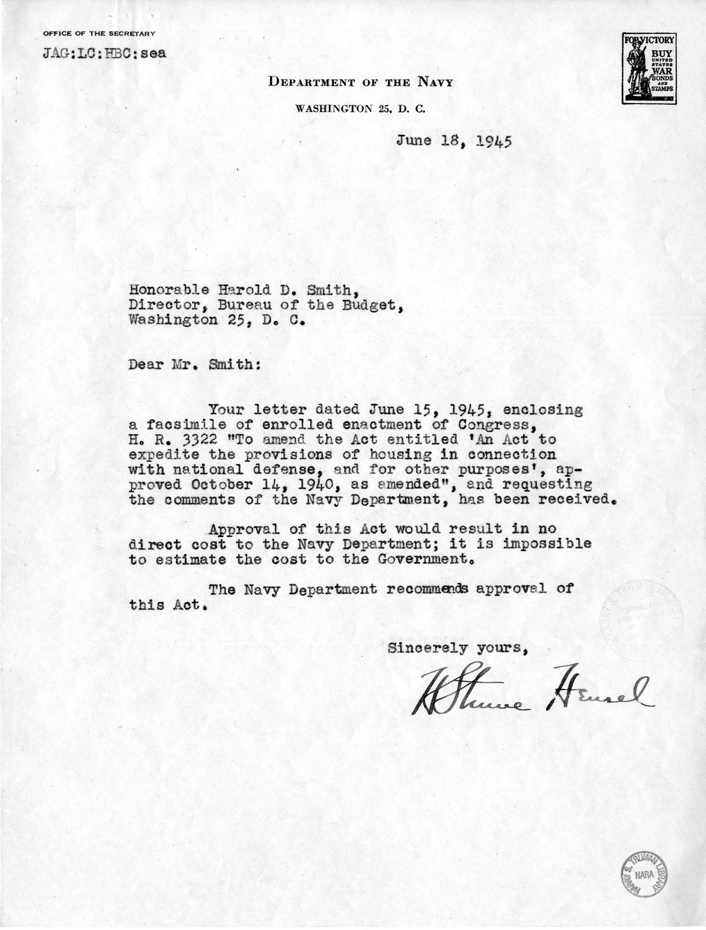 Memorandum from Harold D. Smith to M. C. Latta, H.R. 3322, To Amend An Act to Expedite the Provisions of Housing in Connection With National Defense, Approved October 14, 1940, as Amended, with Attachments