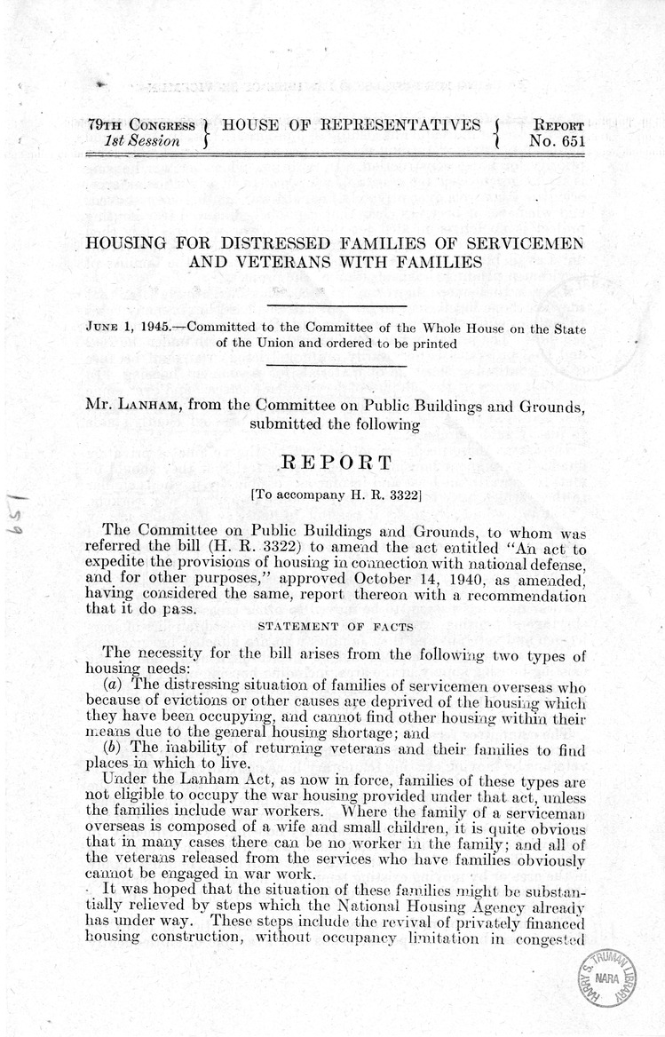 Memorandum from Harold D. Smith to M. C. Latta, H.R. 3322, To Amend An Act to Expedite the Provisions of Housing in Connection With National Defense, Approved October 14, 1940, as Amended, with Attachments