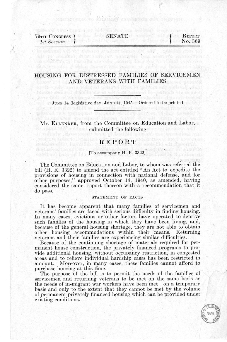 Memorandum from Harold D. Smith to M. C. Latta, H.R. 3322, To Amend An Act to Expedite the Provisions of Housing in Connection With National Defense, Approved October 14, 1940, as Amended, with Attachments