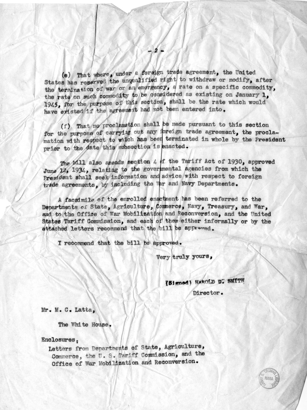 Memorandum from Harold D. Smith to M. C. Latta, H.R. 3240, to Extend the Authority of the President Under Section 350 of the Tariff ACt of 1930, as Amended, with Attachments