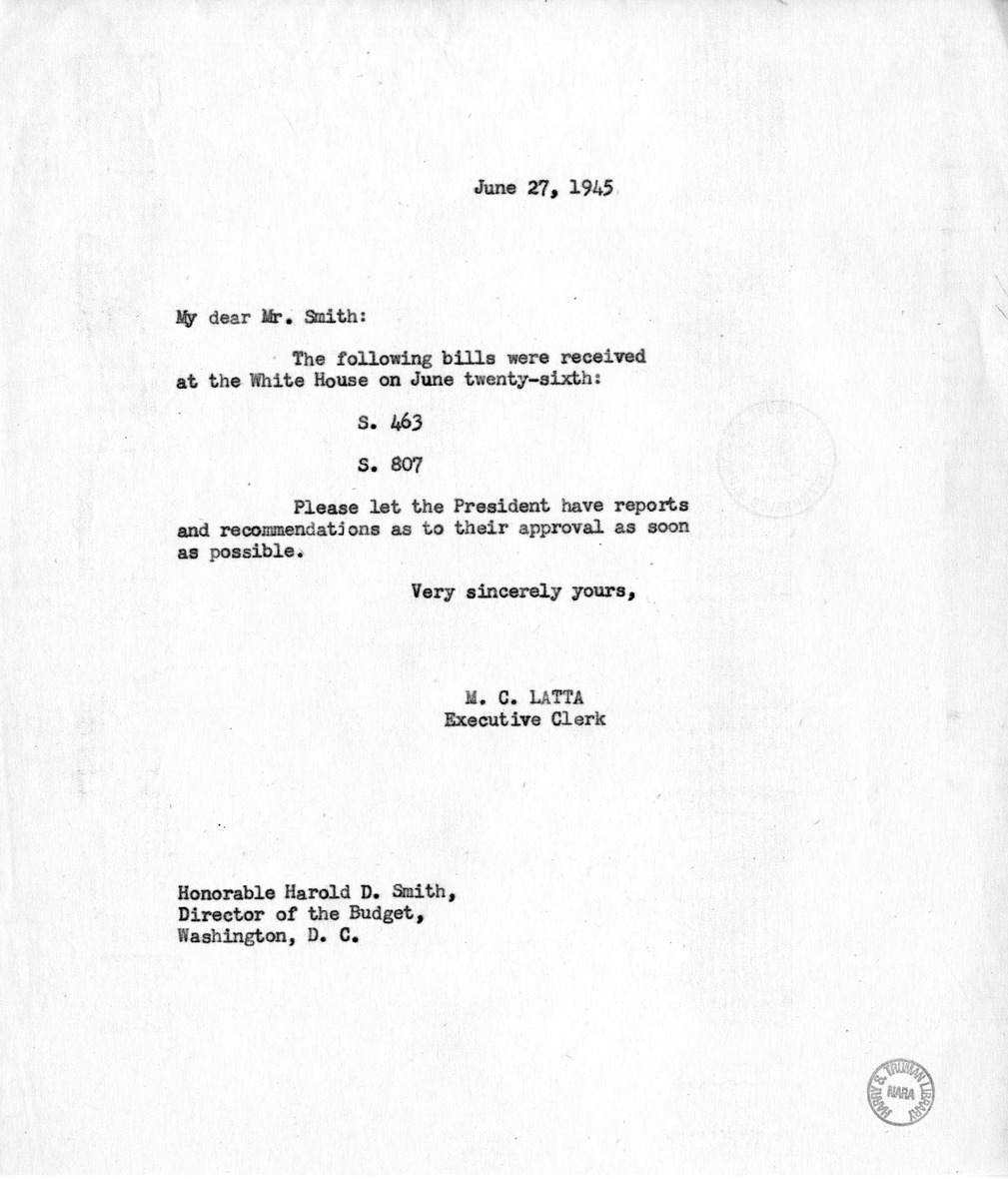 Memorandum from M. C. Latta to Harold D. Smith