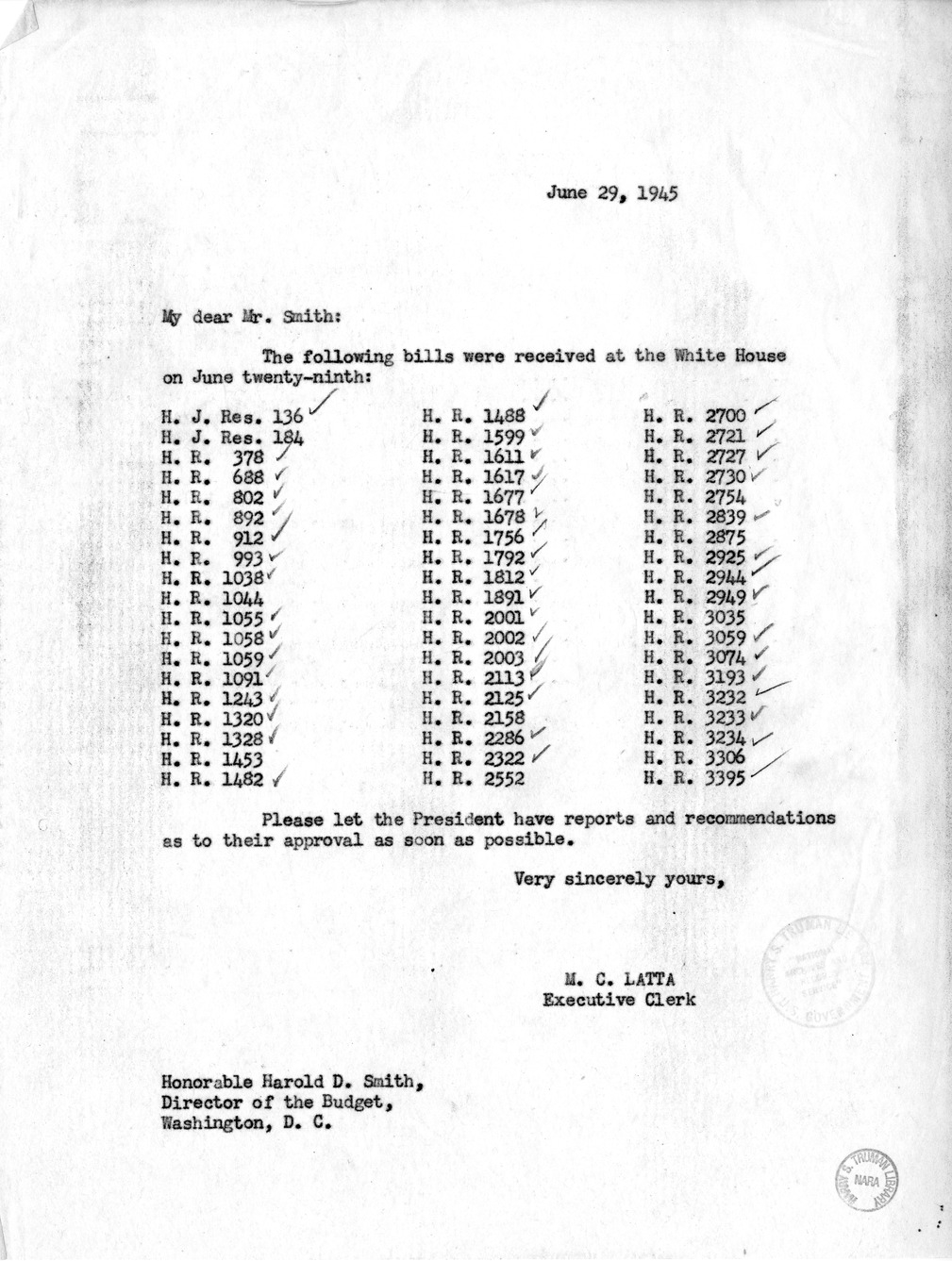 Memorandum from M. C. Latta to Harold D. Smith