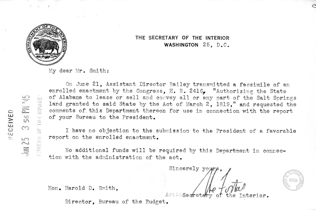 Memorandum from Frederick J. Bailey to M. C. Latta, H.R. 2416, Authorizing the State of Alabama to Lease and Sell and Convey All or Any Part of the Salt Springs Land Granted to Said State by the Act of March 2, 1819, with Attachments