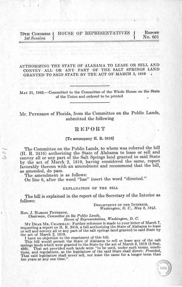 Memorandum from Frederick J. Bailey to M. C. Latta, H.R. 2416, Authorizing the State of Alabama to Lease and Sell and Convey All or Any Part of the Salt Springs Land Granted to Said State by the Act of March 2, 1819, with Attachments