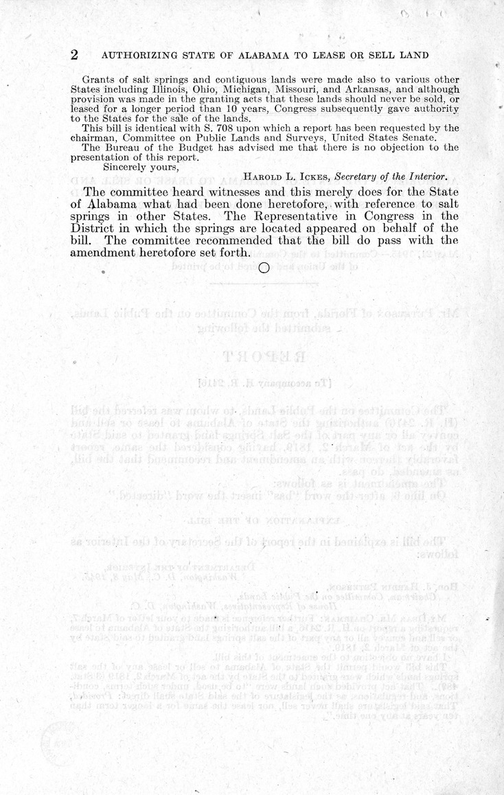 Memorandum from Frederick J. Bailey to M. C. Latta, H.R. 2416, Authorizing the State of Alabama to Lease and Sell and Convey All or Any Part of the Salt Springs Land Granted to Said State by the Act of March 2, 1819, with Attachments