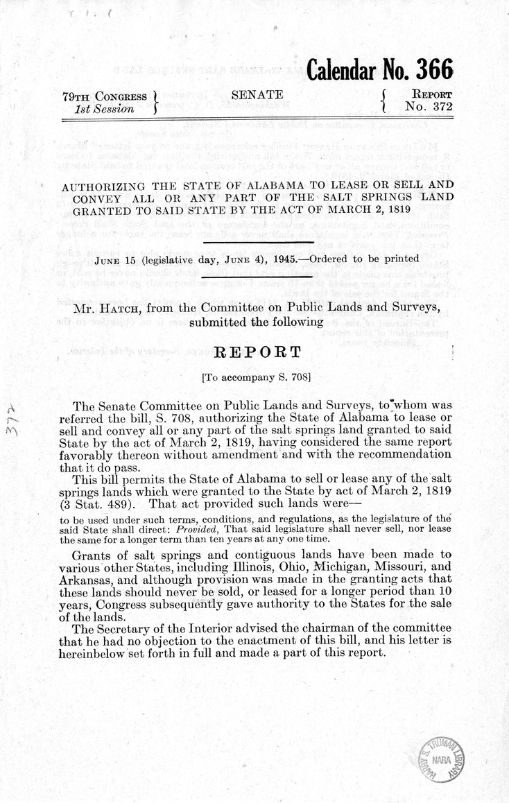 Memorandum from Frederick J. Bailey to M. C. Latta, H.R. 2416, Authorizing the State of Alabama to Lease and Sell and Convey All or Any Part of the Salt Springs Land Granted to Said State by the Act of March 2, 1819, with Attachments
