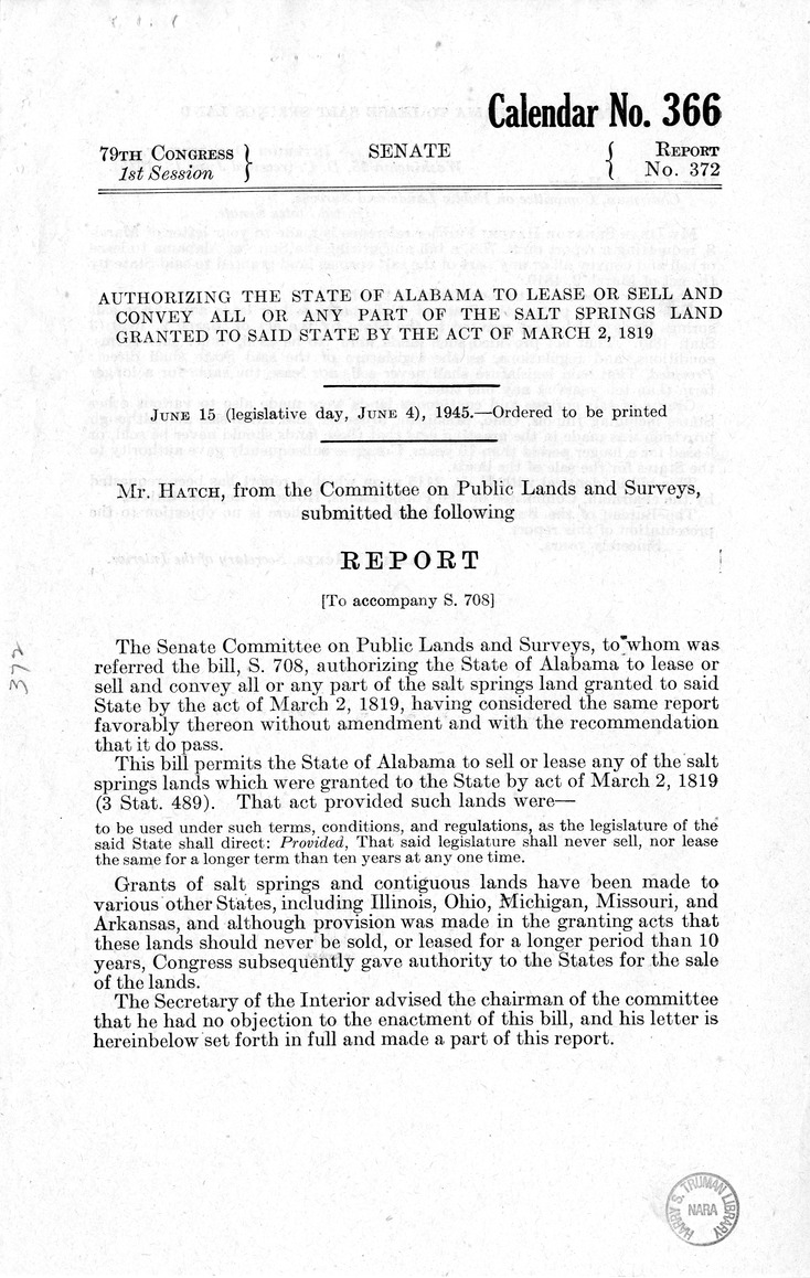 Memorandum from Frederick J. Bailey to M. C. Latta, H.R. 2416, Authorizing the State of Alabama to Lease and Sell and Convey All or Any Part of the Salt Springs Land Granted to Said State by the Act of March 2, 1819, with Attachments