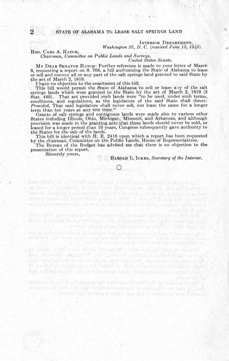 Memorandum from Frederick J. Bailey to M. C. Latta, H.R. 2416, Authorizing the State of Alabama to Lease and Sell and Convey All or Any Part of the Salt Springs Land Granted to Said State by the Act of March 2, 1819, with Attachments