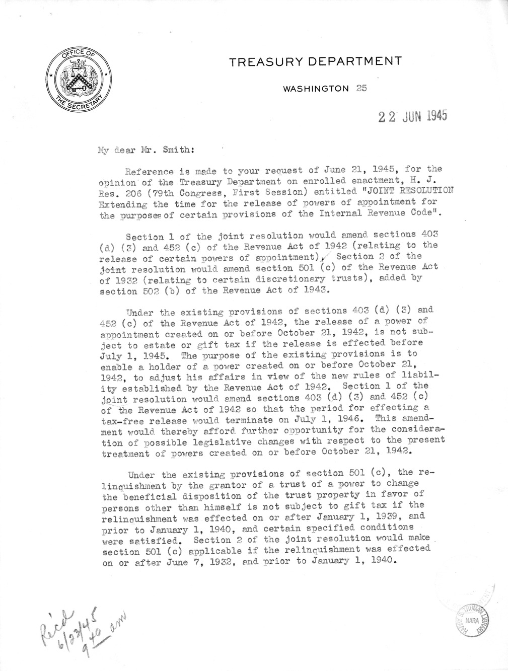 Memorandum from Frederick J. Bailey to M. C. Latta, H.J. Res. 206, Extending the Time for the Release of Powers of Appointment for the Purposes of Certain Provisions Internal Revenue Code, with Attachments