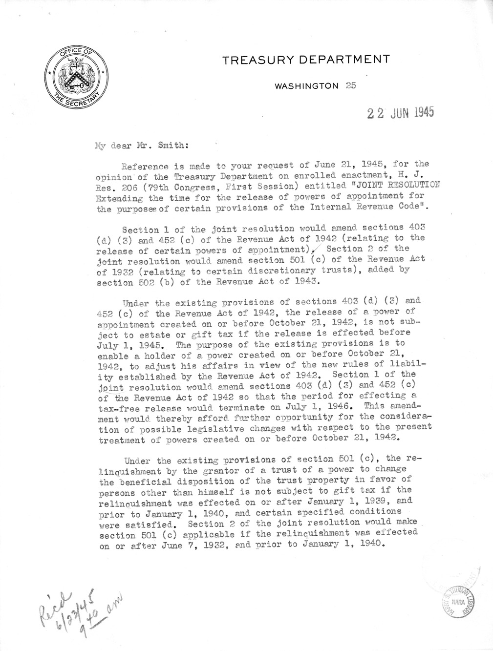 Memorandum from Frederick J. Bailey to M. C. Latta, H.J. Res. 206, Extending the Time for the Release of Powers of Appointment for the Purposes of Certain Provisions Internal Revenue Code, with Attachments