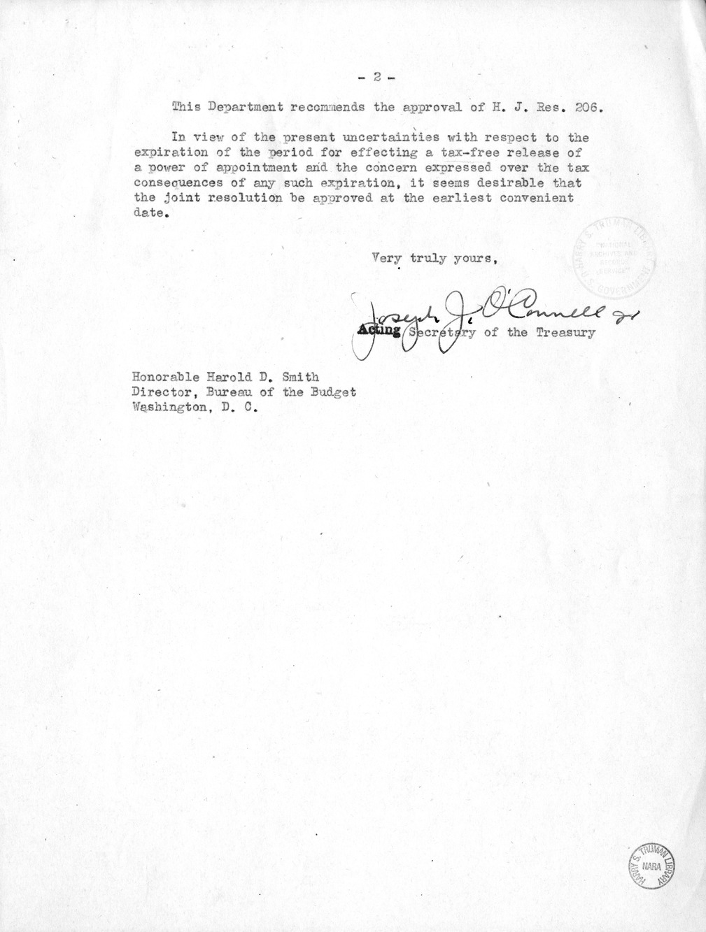 Memorandum from Frederick J. Bailey to M. C. Latta, H.J. Res. 206, Extending the Time for the Release of Powers of Appointment for the Purposes of Certain Provisions Internal Revenue Code, with Attachments