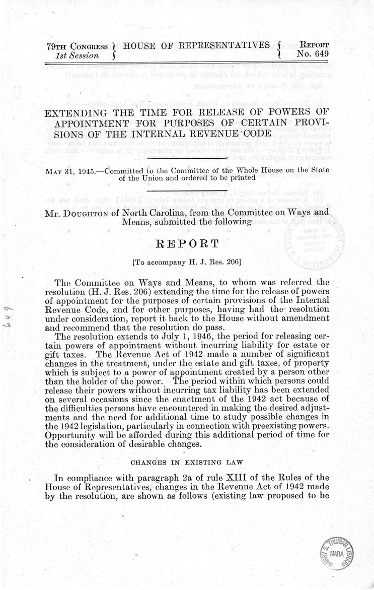 Memorandum from Frederick J. Bailey to M. C. Latta, H.J. Res. 206, Extending the Time for the Release of Powers of Appointment for the Purposes of Certain Provisions Internal Revenue Code, with Attachments