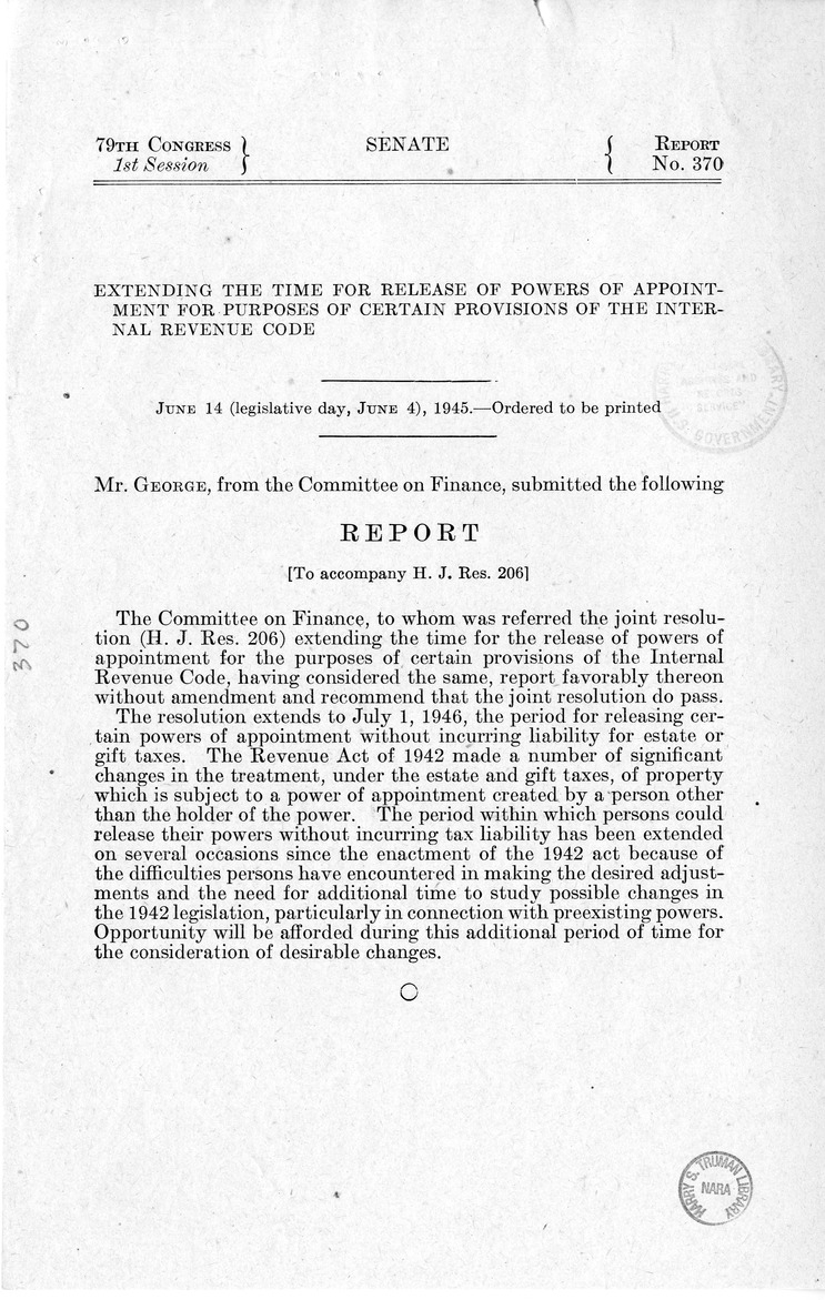 Memorandum from Frederick J. Bailey to M. C. Latta, H.J. Res. 206, Extending the Time for the Release of Powers of Appointment for the Purposes of Certain Provisions Internal Revenue Code, with Attachments