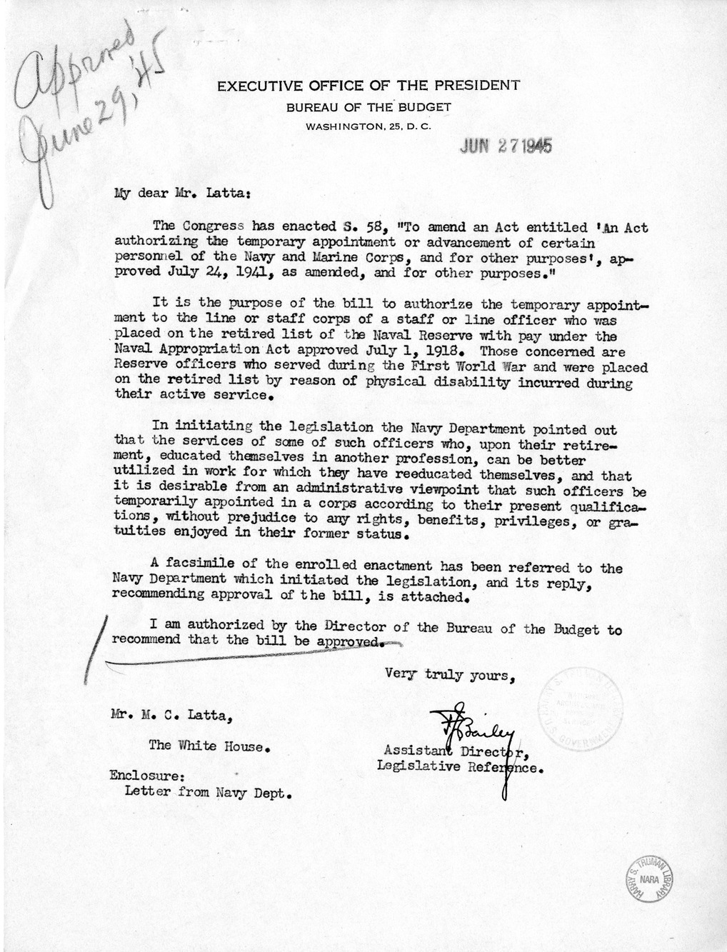 Memorandum from Frederick J. Bailey to M. C. Latta, S. 58, To Amend An Act Authorizing the Temporary Appointment or Advancement of Certain Personnel of the Navy and Marine Corps, and for Other Purposes, Approved July 24, 1941, as Amended, and for Other Pu