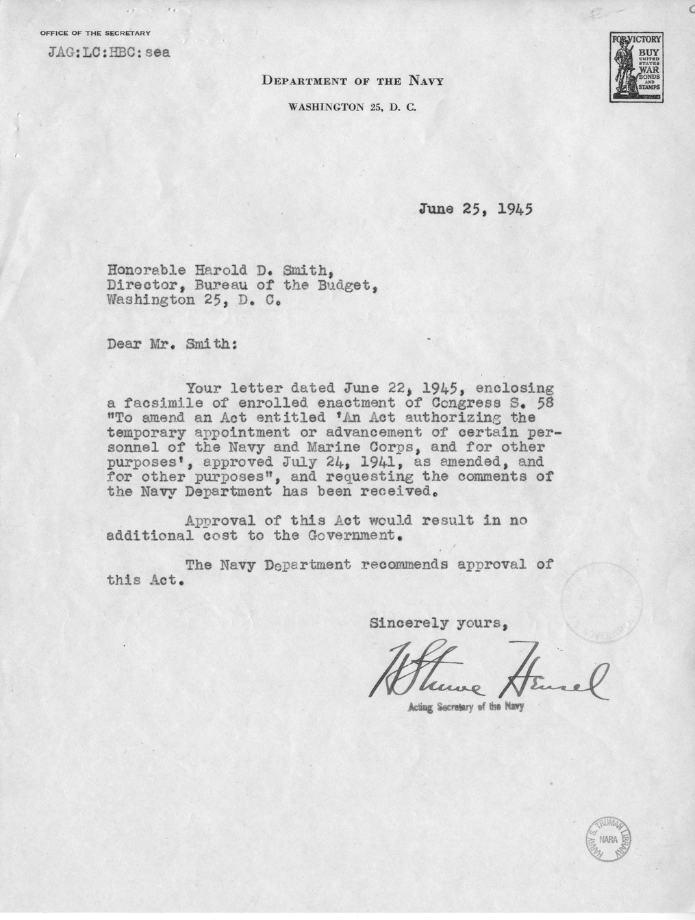 Memorandum from Frederick J. Bailey to M. C. Latta, S. 58, To Amend An Act Authorizing the Temporary Appointment or Advancement of Certain Personnel of the Navy and Marine Corps, and for Other Purposes, Approved July 24, 1941, as Amended, and for Other Pu