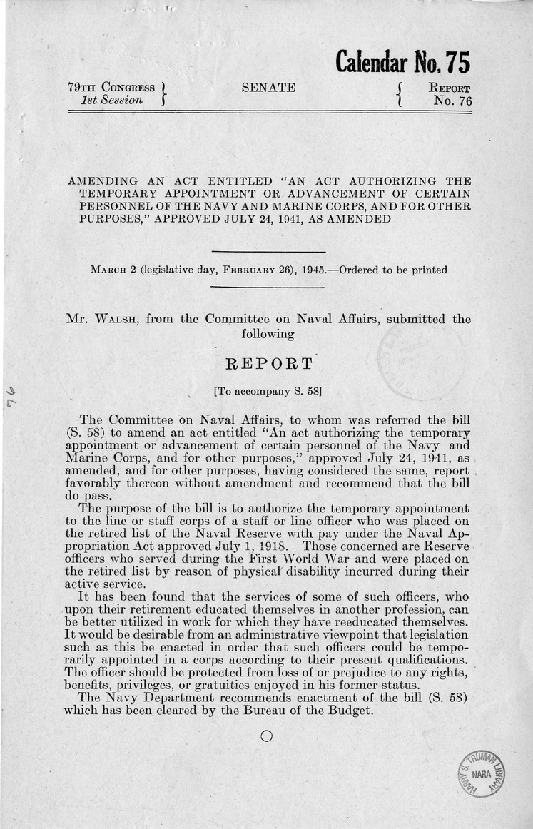 Memorandum from Frederick J. Bailey to M. C. Latta, S. 58, To Amend An Act Authorizing the Temporary Appointment or Advancement of Certain Personnel of the Navy and Marine Corps, and for Other Purposes, Approved July 24, 1941, as Amended, and for Other Pu