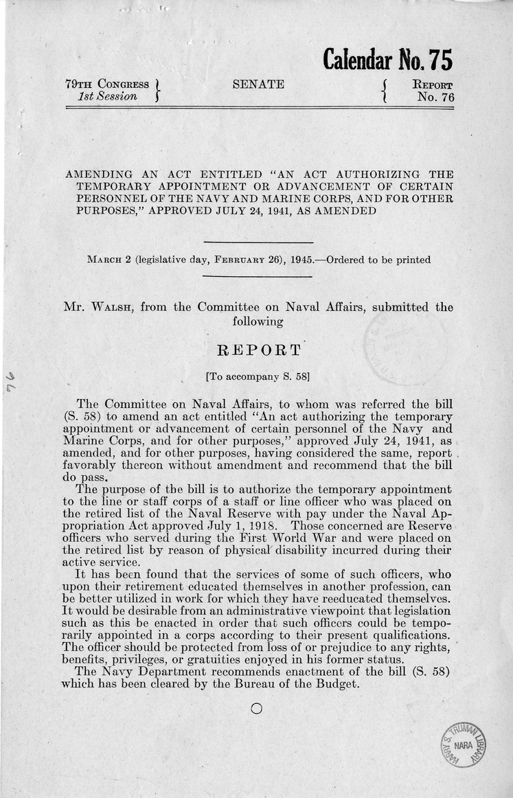 Memorandum from Frederick J. Bailey to M. C. Latta, S. 58, To Amend An Act Authorizing the Temporary Appointment or Advancement of Certain Personnel of the Navy and Marine Corps, and for Other Purposes, Approved July 24, 1941, as Amended, and for Other Pu