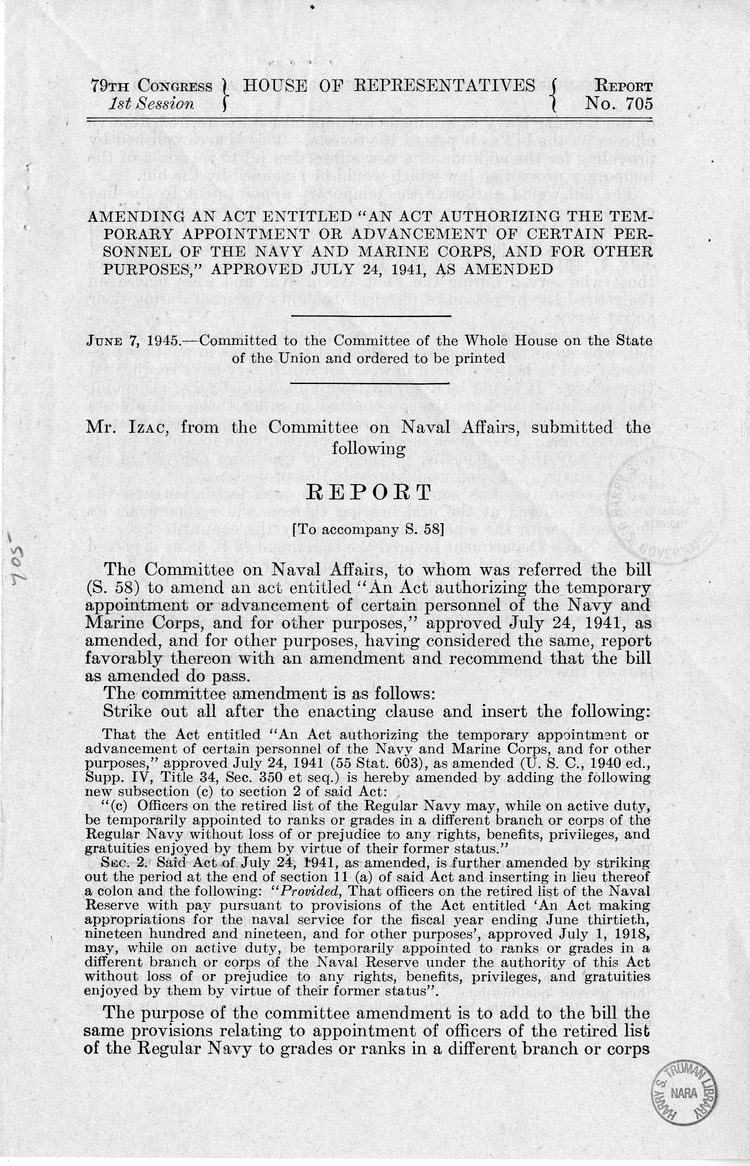 Memorandum from Frederick J. Bailey to M. C. Latta, S. 58, To Amend An Act Authorizing the Temporary Appointment or Advancement of Certain Personnel of the Navy and Marine Corps, and for Other Purposes, Approved July 24, 1941, as Amended, and for Other Pu