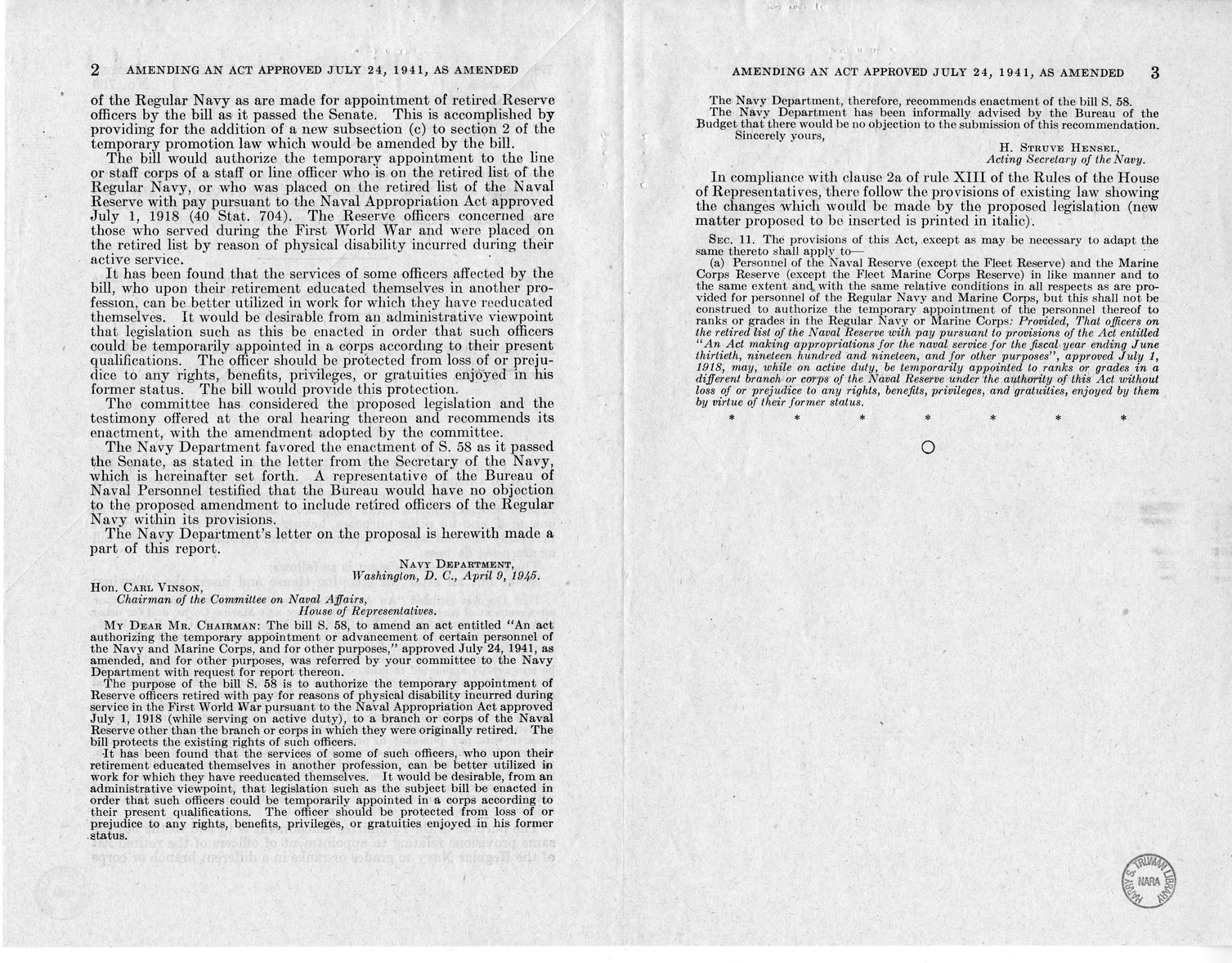 Memorandum from Frederick J. Bailey to M. C. Latta, S. 58, To Amend An Act Authorizing the Temporary Appointment or Advancement of Certain Personnel of the Navy and Marine Corps, and for Other Purposes, Approved July 24, 1941, as Amended, and for Other Pu