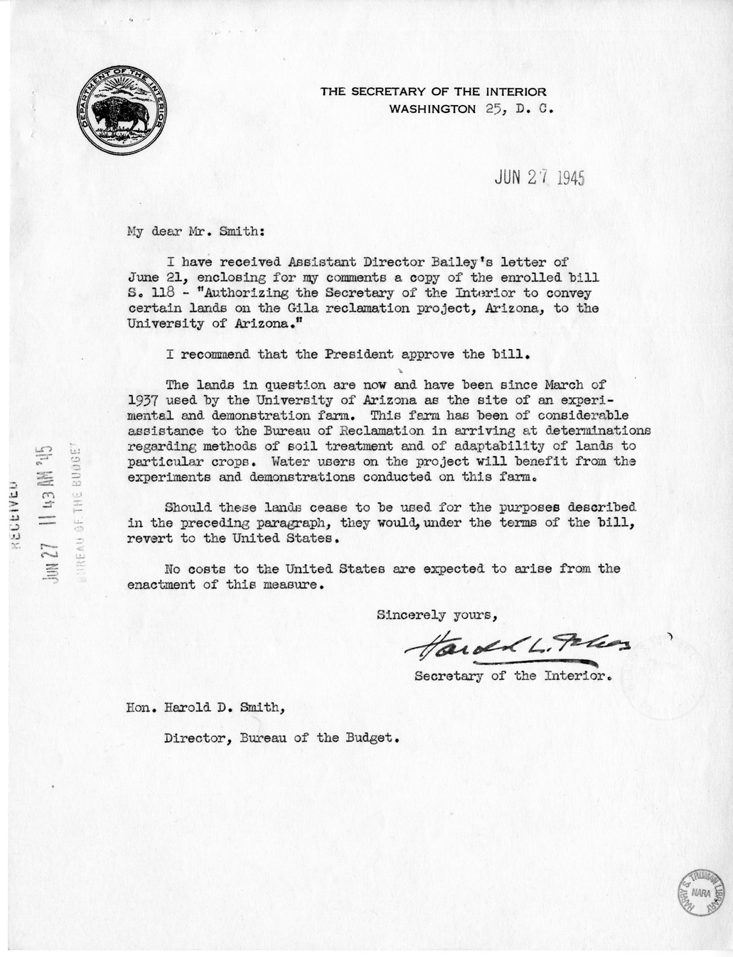 Memorandum from Frederick Bailey to M. C. Latta, S. 118, Authorizing the Secretary of the Interior to Convey Certain Lands on the Gila Reclamation Project, Arizona, to the University of Arizona, with Attachments