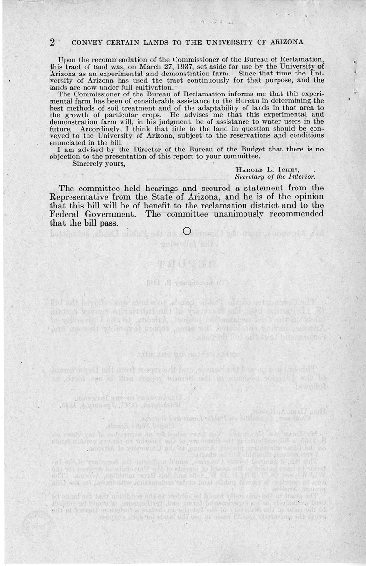 Memorandum from Frederick Bailey to M. C. Latta, S. 118, Authorizing the Secretary of the Interior to Convey Certain Lands on the Gila Reclamation Project, Arizona, to the University of Arizona, with Attachments