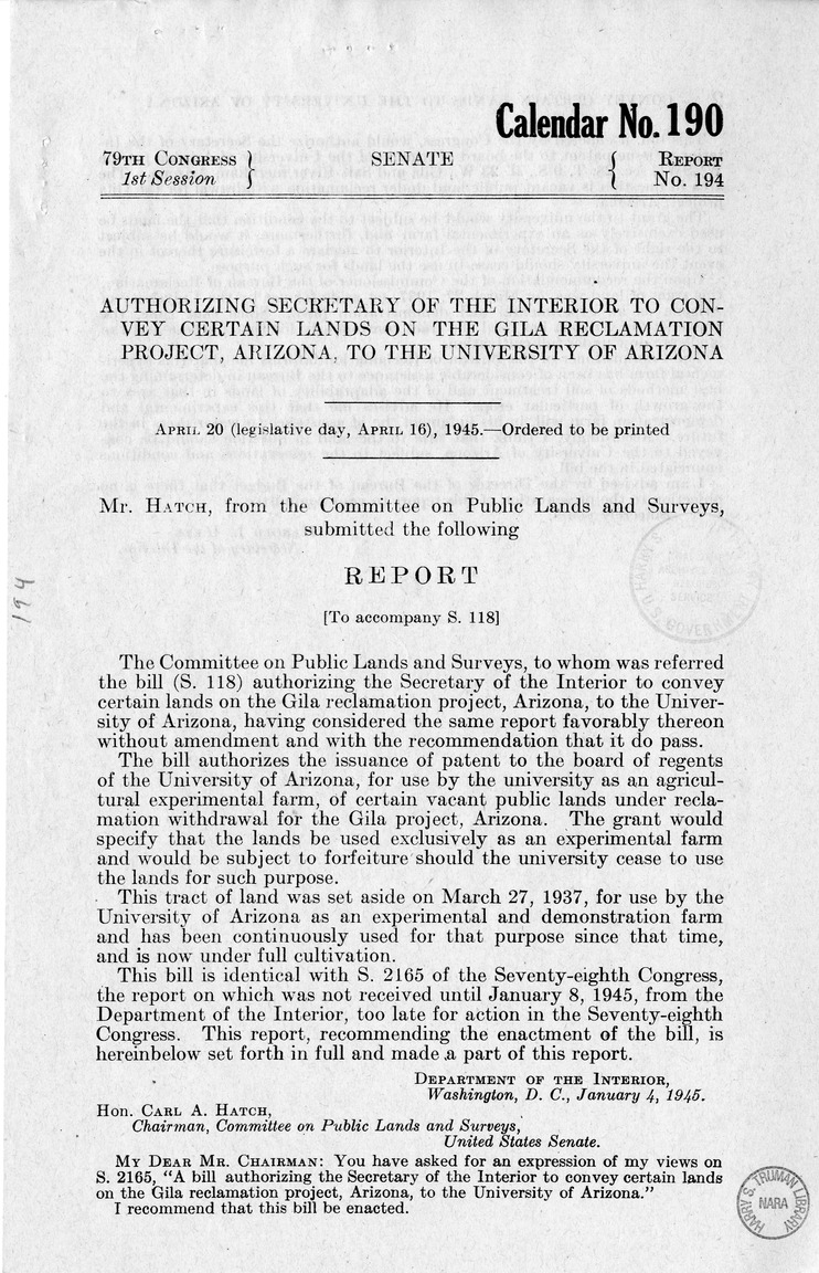 Memorandum from Frederick Bailey to M. C. Latta, S. 118, Authorizing the Secretary of the Interior to Convey Certain Lands on the Gila Reclamation Project, Arizona, to the University of Arizona, with Attachments