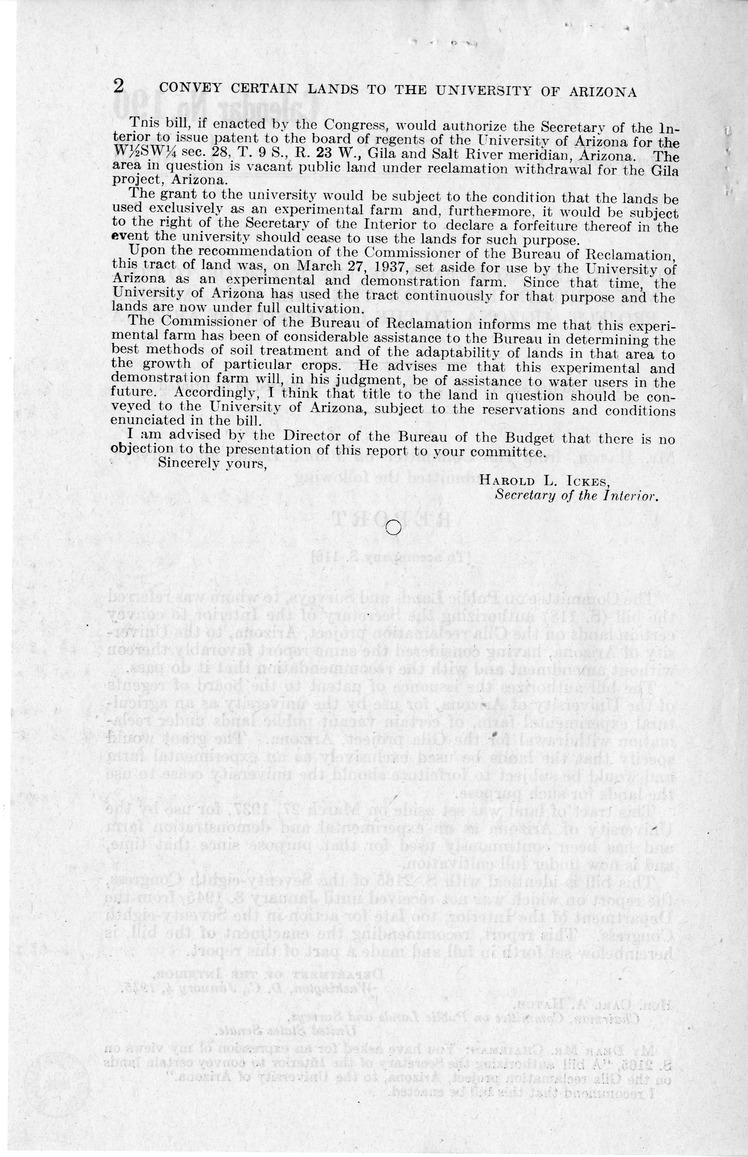 Memorandum from Frederick Bailey to M. C. Latta, S. 118, Authorizing the Secretary of the Interior to Convey Certain Lands on the Gila Reclamation Project, Arizona, to the University of Arizona, with Attachments