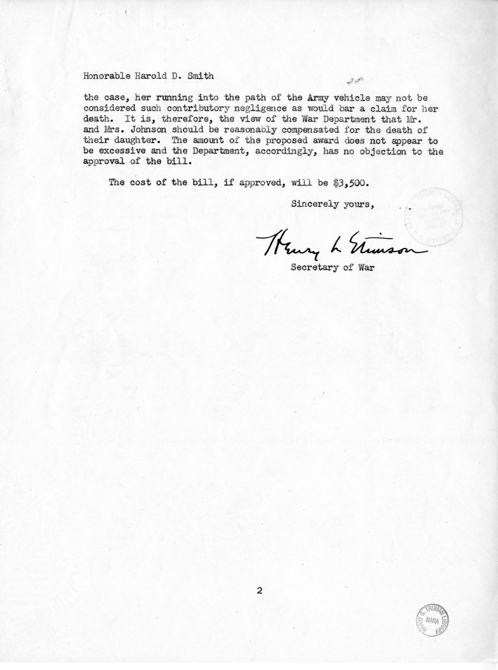 Memorandum from Frederick Bailey to M. C. Latta, S. 426, For the Relief of Mr. and Mrs. Walter M. Johnson, with Attachments