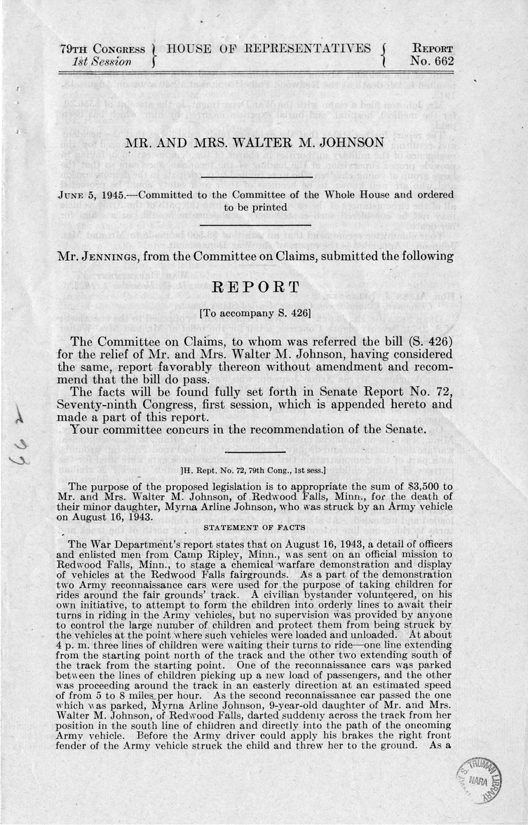 Memorandum from Frederick Bailey to M. C. Latta, S. 426, For the Relief of Mr. and Mrs. Walter M. Johnson, with Attachments