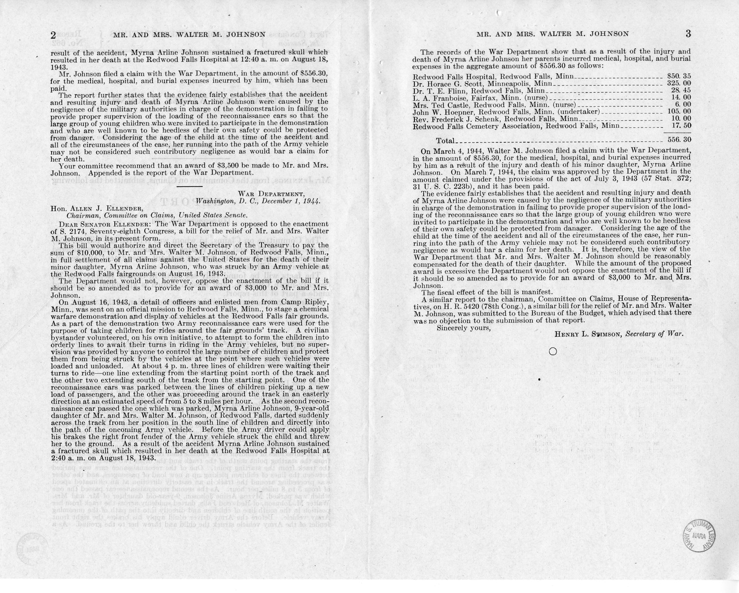 Memorandum from Frederick Bailey to M. C. Latta, S. 426, For the Relief of Mr. and Mrs. Walter M. Johnson, with Attachments