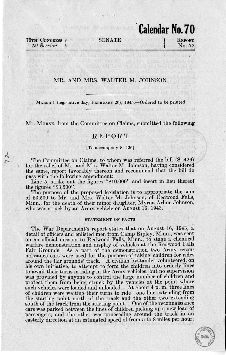 Memorandum from Frederick Bailey to M. C. Latta, S. 426, For the Relief of Mr. and Mrs. Walter M. Johnson, with Attachments