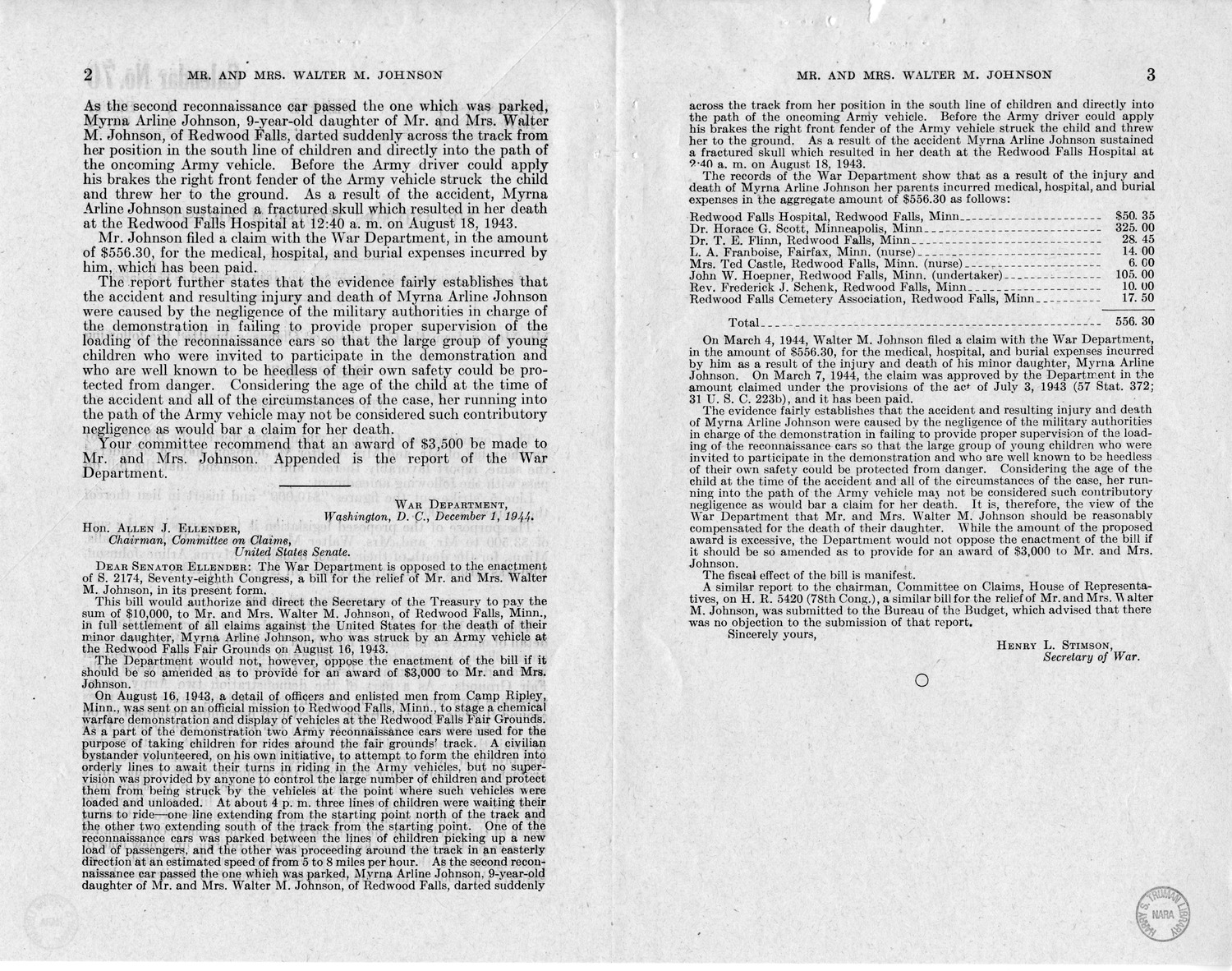 Memorandum from Frederick Bailey to M. C. Latta, S. 426, For the Relief of Mr. and Mrs. Walter M. Johnson, with Attachments