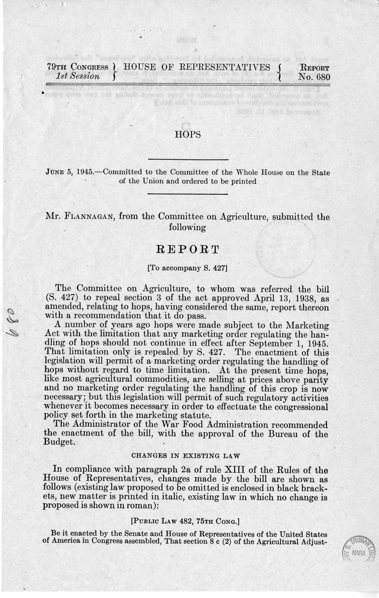 Memorandum from Frederick Bailey to M. C. Latta, S. 427, to Repeal Section Three of the Act Approved April 13, 1938, Relating to Hops, with Attachments