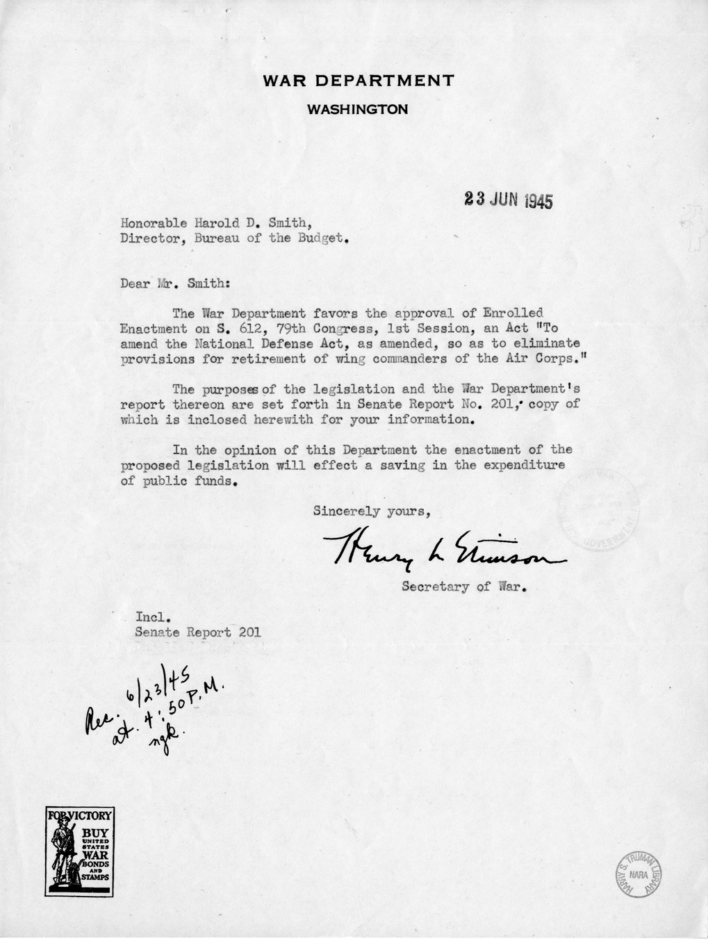 Memorandum from Frederick J. Bailey to M. C. Latta, S. 612, To Amend the National Defense Act, as Amended, so as to Eliminate Provisions for Retirement of Wing Commanders of the Air Corps, with Attachments