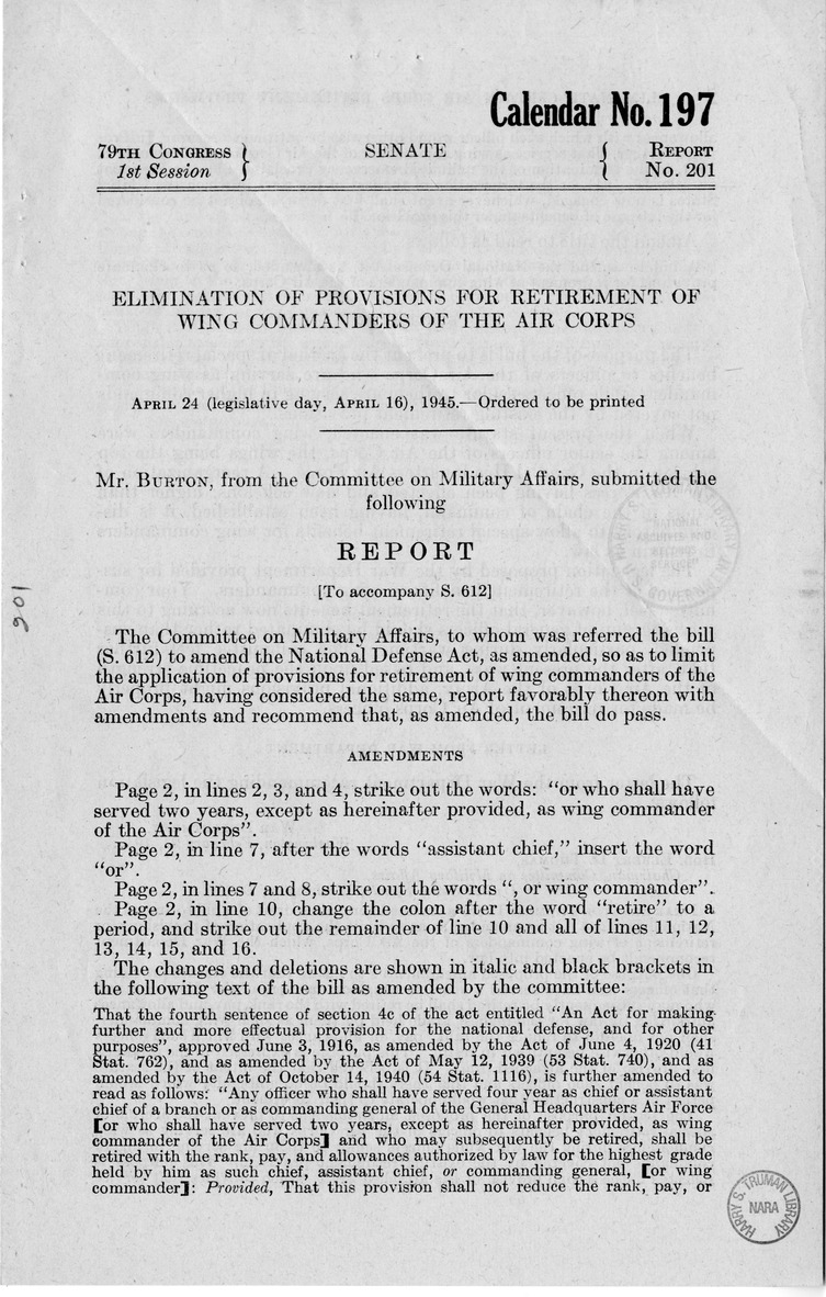 Memorandum from Frederick J. Bailey to M. C. Latta, S. 612, To Amend the National Defense Act, as Amended, so as to Eliminate Provisions for Retirement of Wing Commanders of the Air Corps, with Attachments
