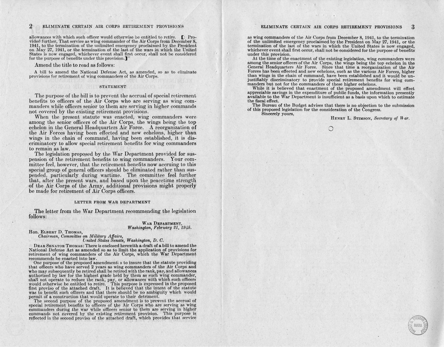 Memorandum from Frederick J. Bailey to M. C. Latta, S. 612, To Amend the National Defense Act, as Amended, so as to Eliminate Provisions for Retirement of Wing Commanders of the Air Corps, with Attachments