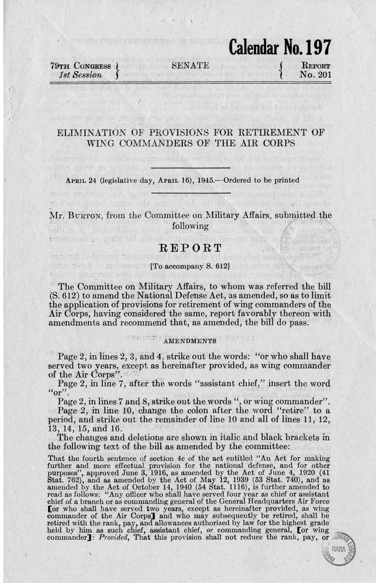 Memorandum from Frederick J. Bailey to M. C. Latta, S. 612, To Amend the National Defense Act, as Amended, so as to Eliminate Provisions for Retirement of Wing Commanders of the Air Corps, with Attachments